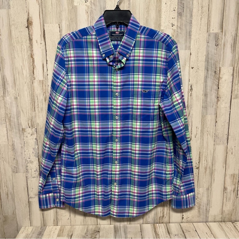 Vineyard Vines Performance Slim Fit Tucker Blue Pink Plaid  Shirt M